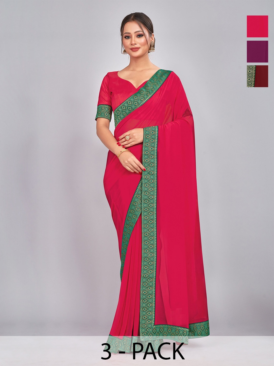 

CastilloFab Selection Of 3 Woven Design Pure Georgette Sarees, Maroon