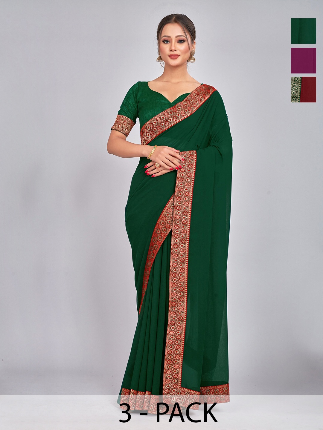 

CastilloFab Selection Of 3 Pure Georgette Saree, Maroon