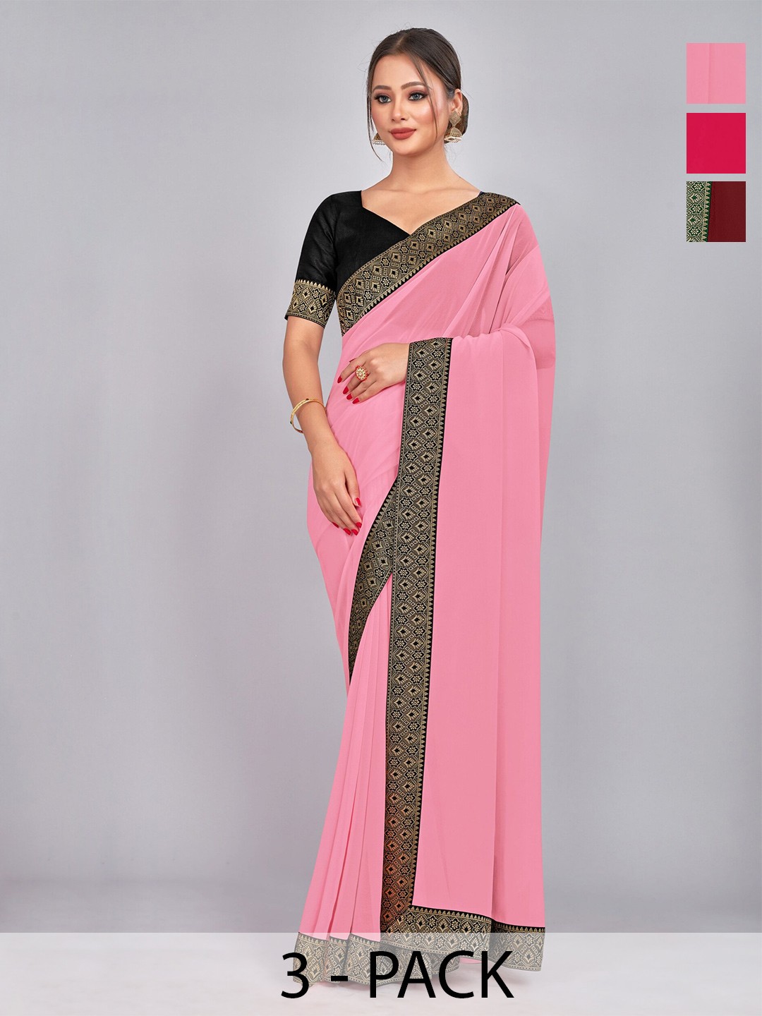 

CastilloFab Pack Of 3 Pure Georgette Saree, Maroon