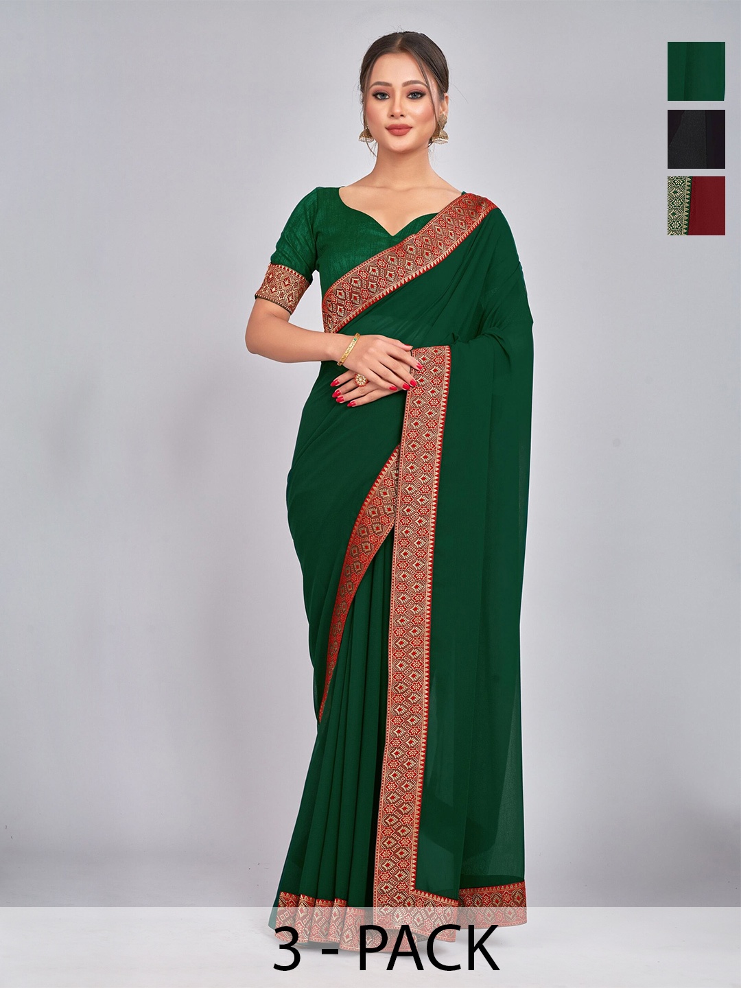 

CastilloFab Selection Of 3 Zari Pure Georgette Sarees, Maroon