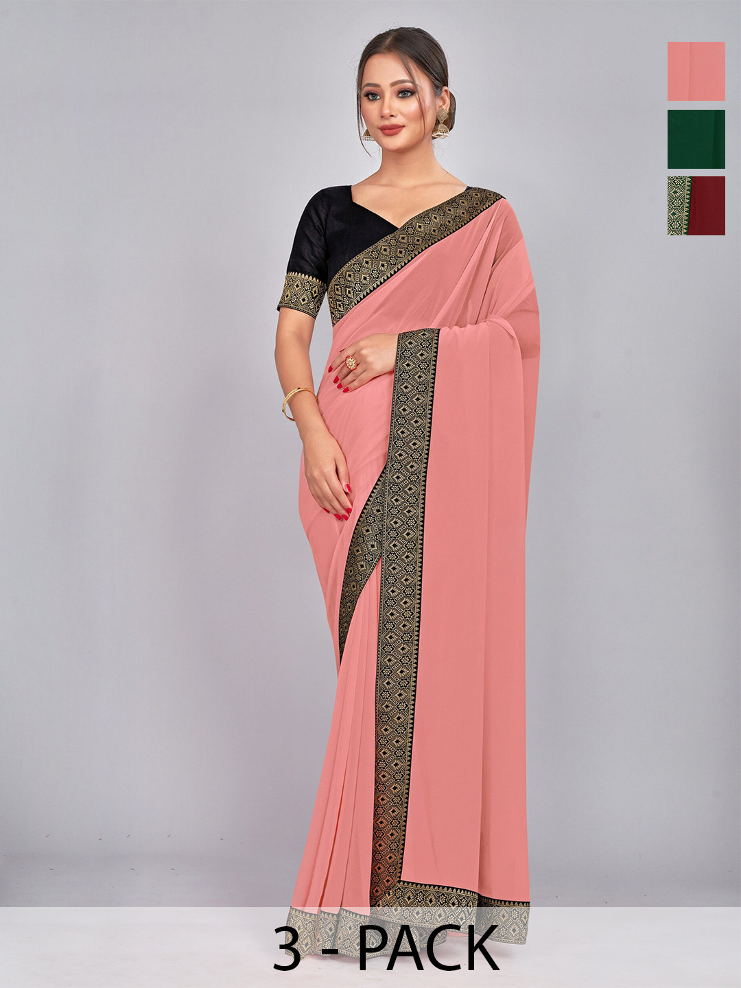 

CastilloFab Selection Of 3 Zari Pure Georgette Sarees, Maroon