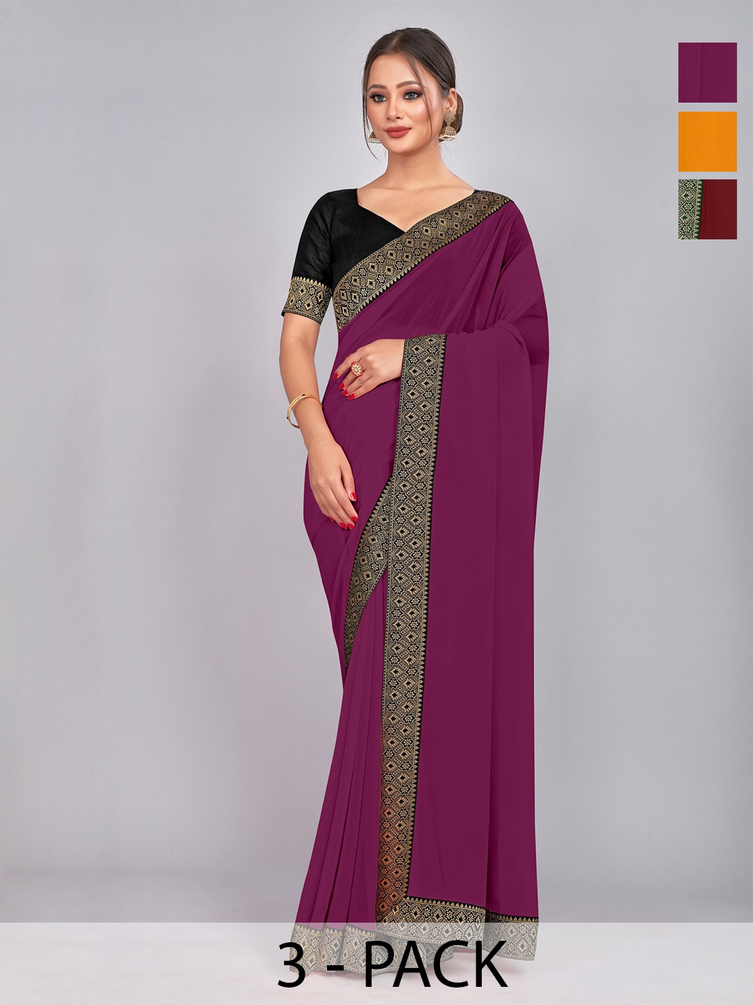

CastilloFab Pack Of 3 Zari Pure Georgette Saree, Maroon