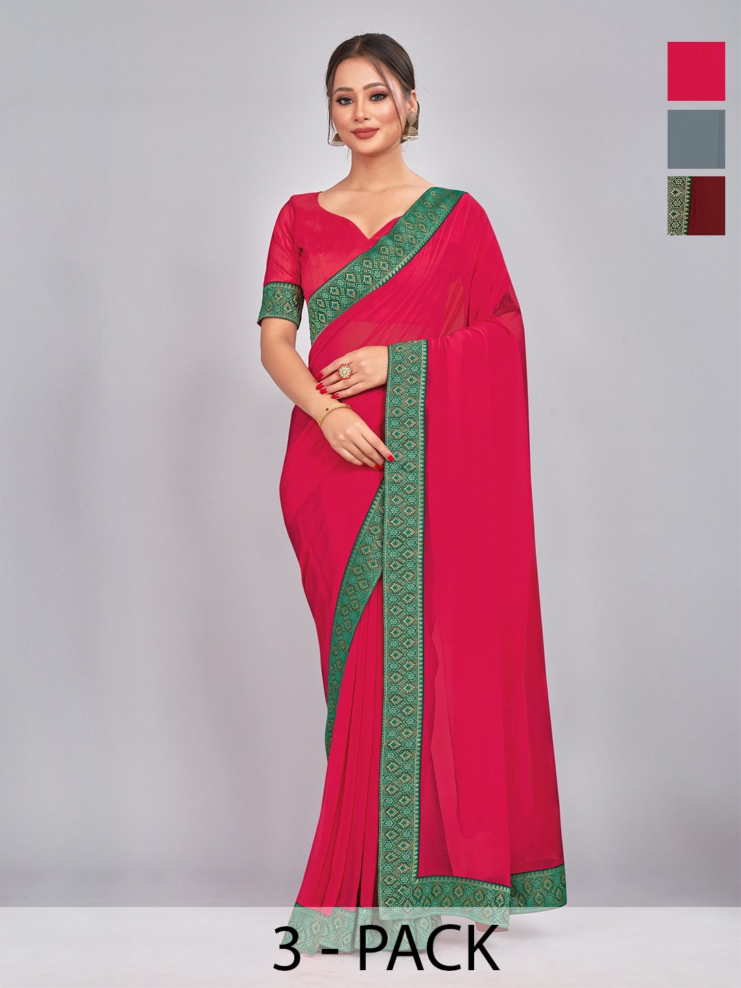 

CastilloFab Pack Of 3 Pure Georgette Sarees, Maroon
