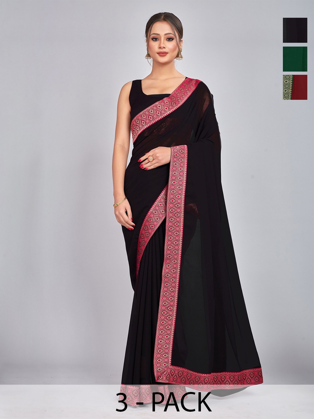 

CastilloFab Pack Of 3 Pure Georgette Sarees, Maroon