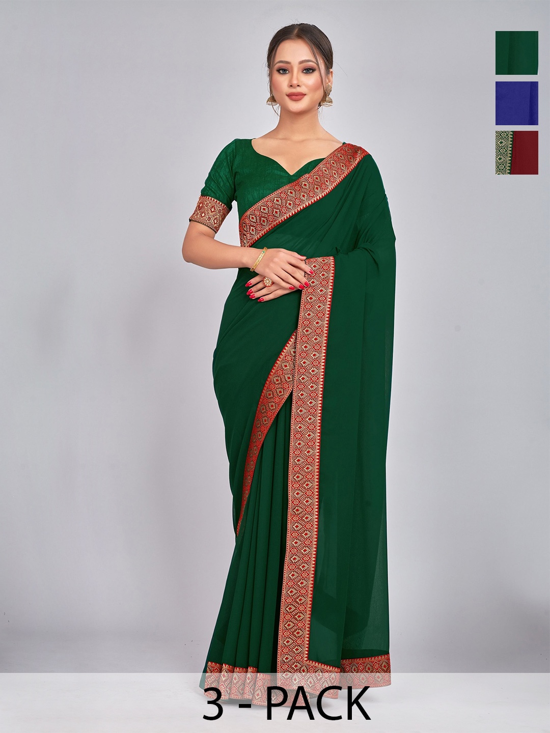 

CastilloFab Selection Of 3 Woven Design Pure Georgette Sarees, Maroon