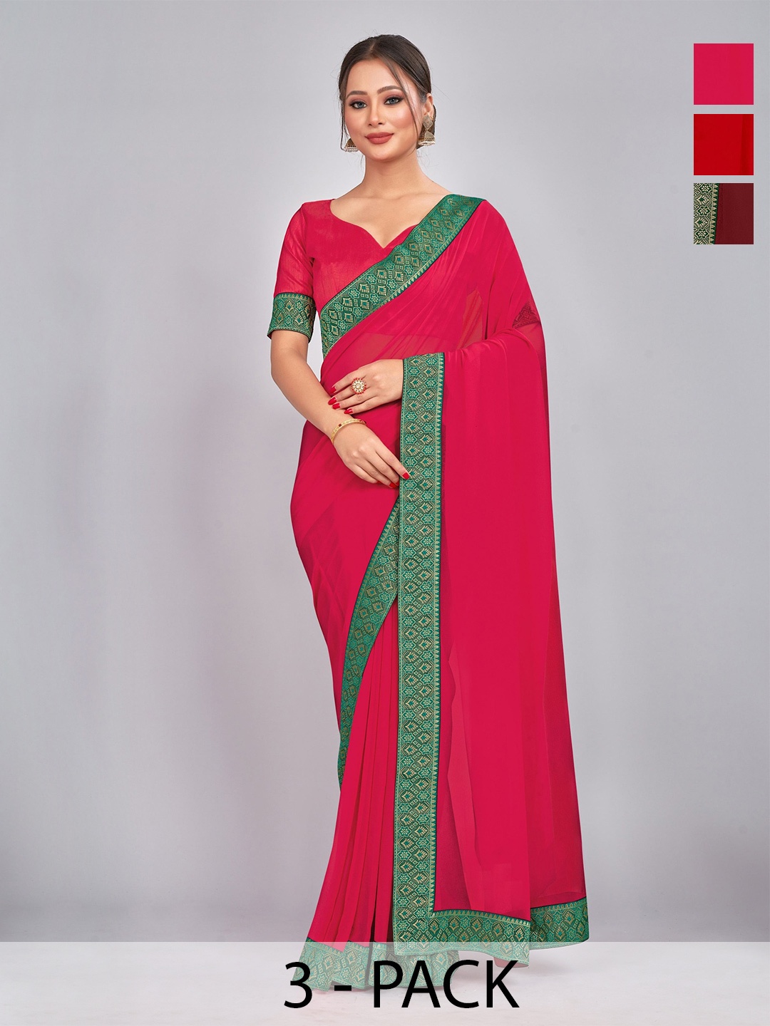 

CastilloFab Pack Of 3 Pure Georgette Saree, Maroon