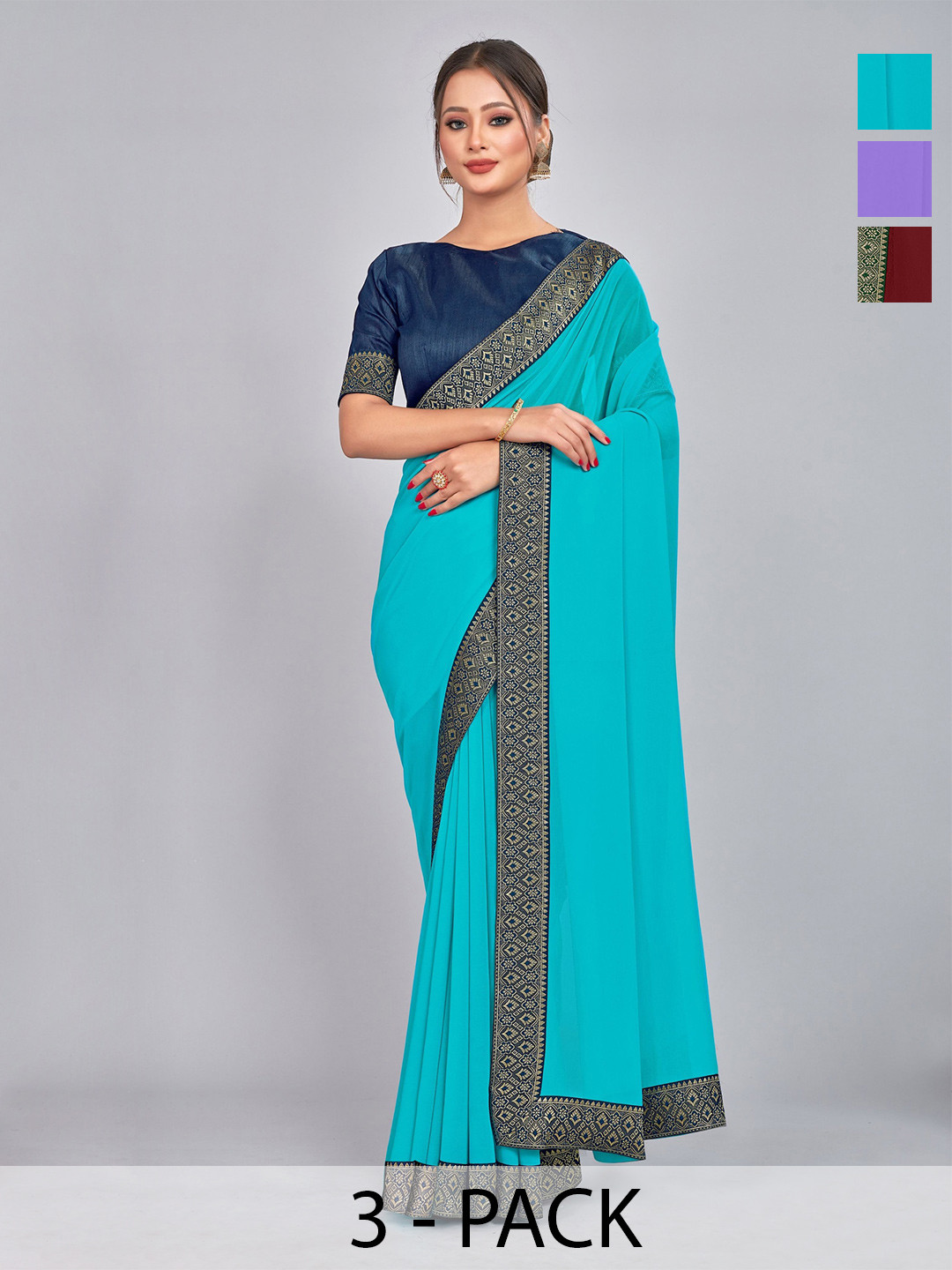 

CastilloFab Selection Of 3 Pure Georgette Sarees, Maroon