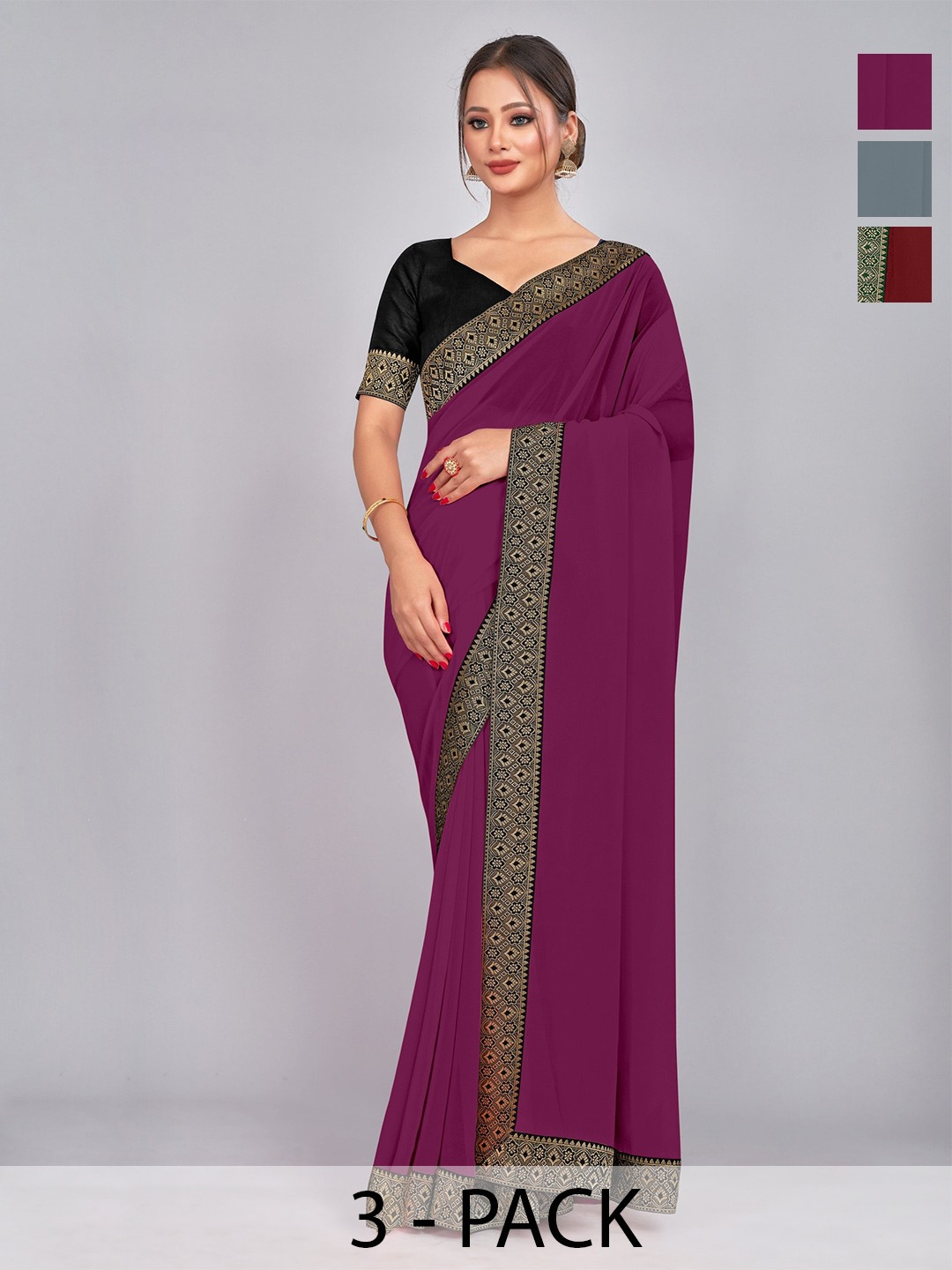 

CastilloFab Pack Of 3 Pure Georgette Saree, Maroon