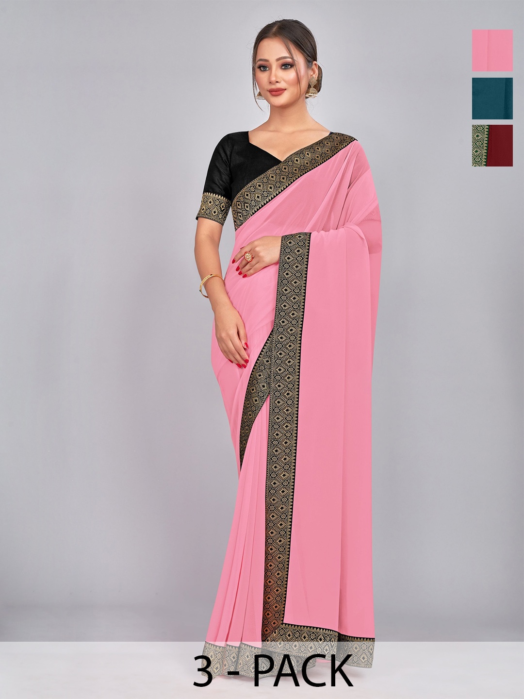 

CastilloFab Selection Of 3 Zari Pure Georgette Sarees, Maroon