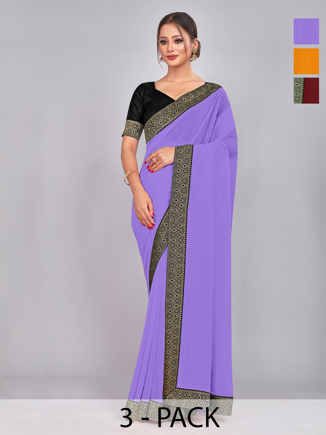 

CastilloFab Pack Of 3 Zari Pure Georgette Saree, Maroon