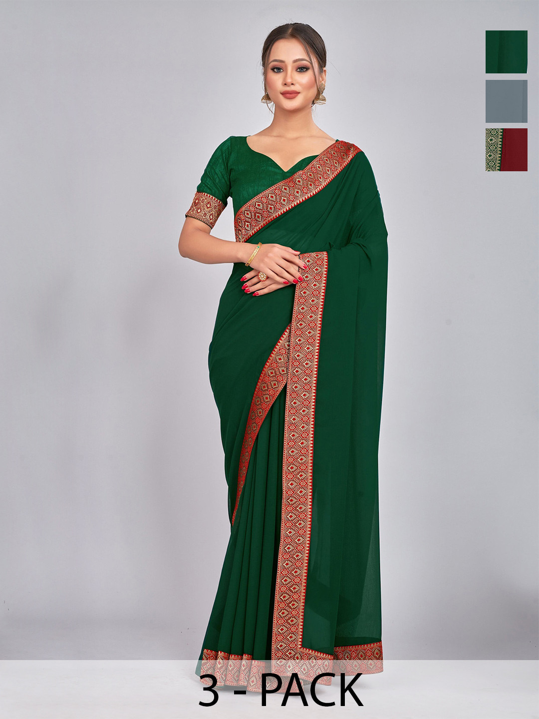 

CastilloFab Selection Of 3 Pure Georgette Saree, Maroon
