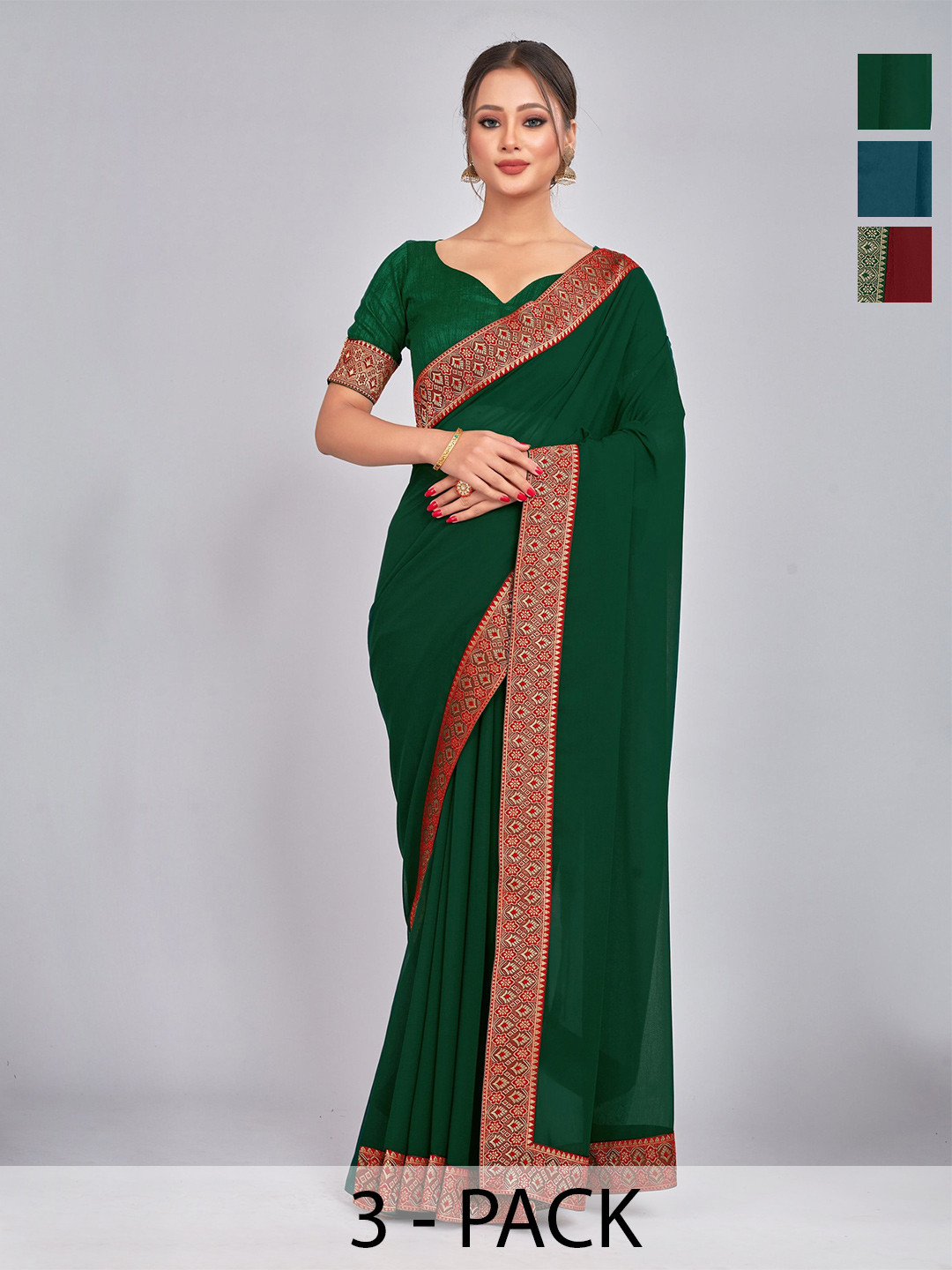 

CastilloFab Selection Of 3 Zari Pure Georgette Sarees, Maroon