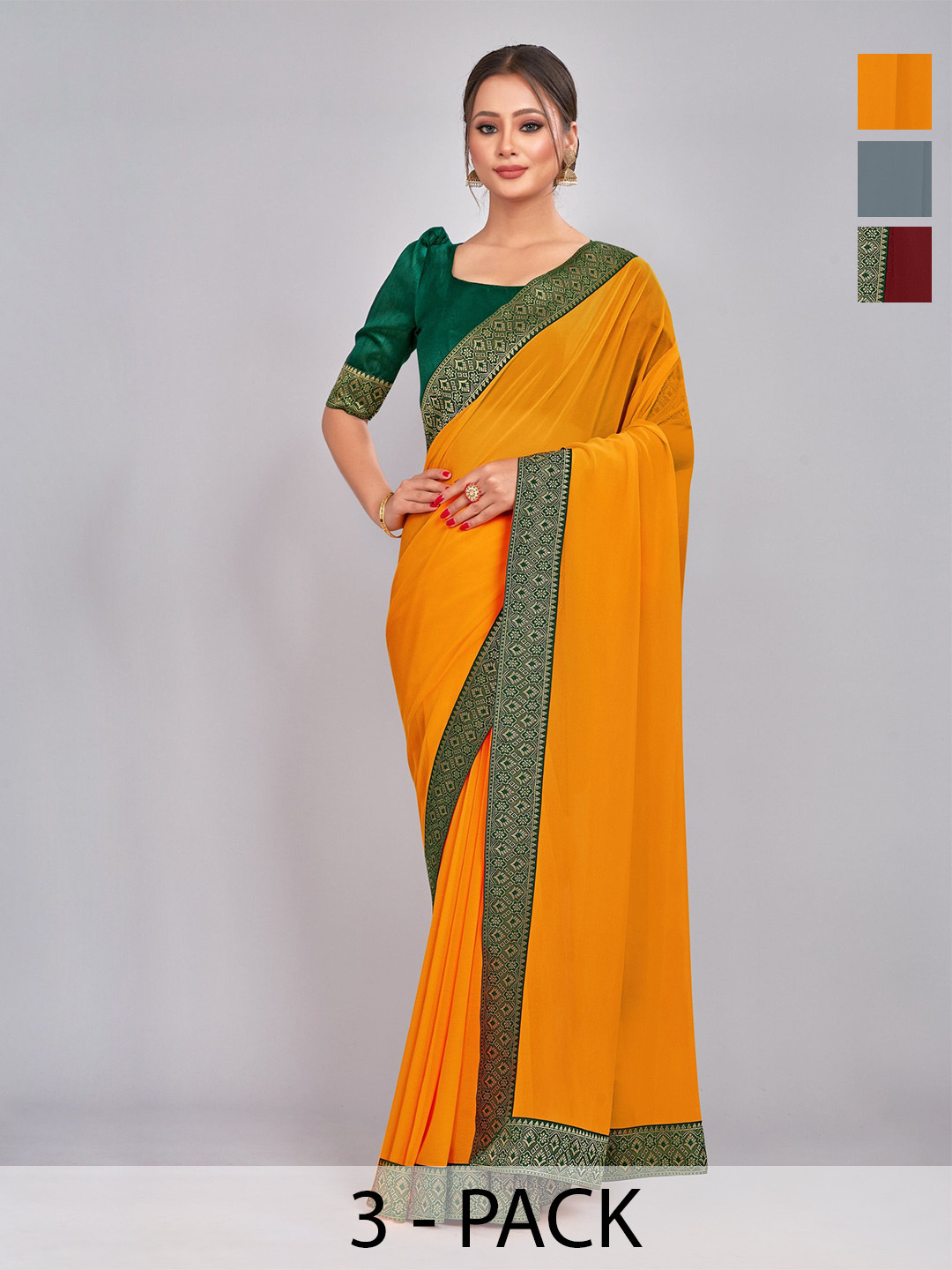 

CastilloFab Selection Of 3 Zari Pure Georgette Sarees, Maroon