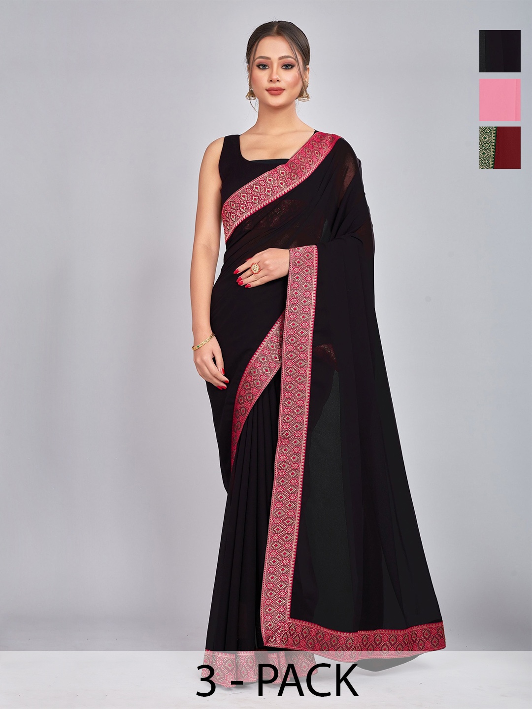 

CastilloFab Selection Of 3 Zari Pure Georgette Sarees, Maroon