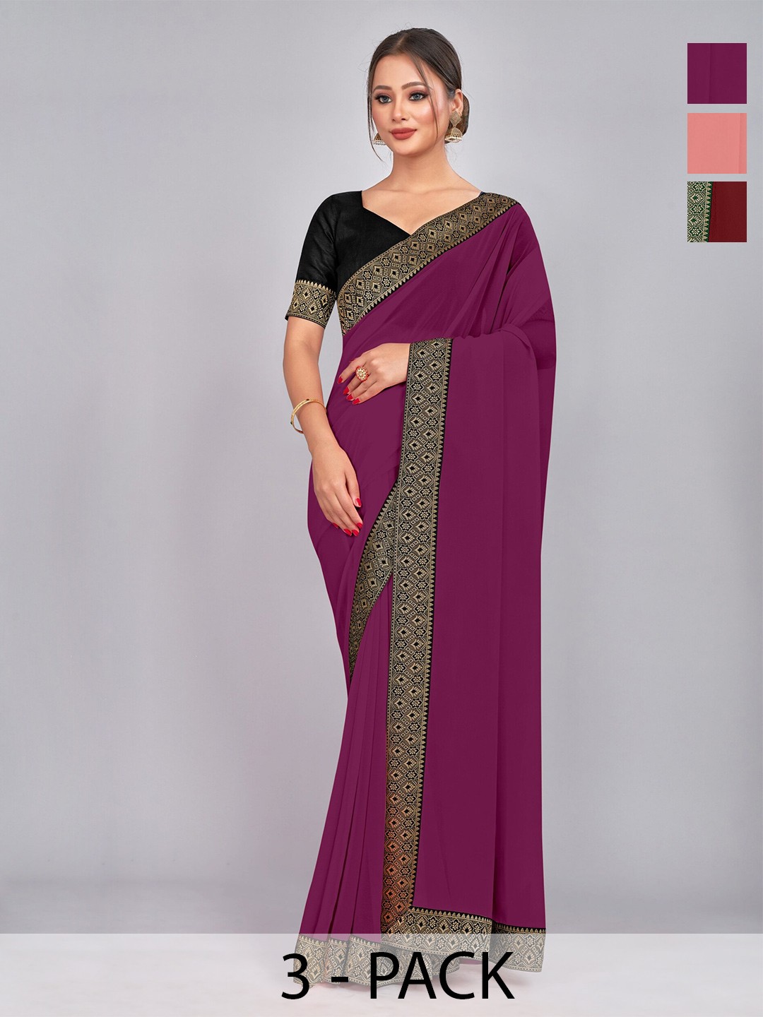

CastilloFab Pack Of 3 Zari Pure Georgette Sarees, Maroon