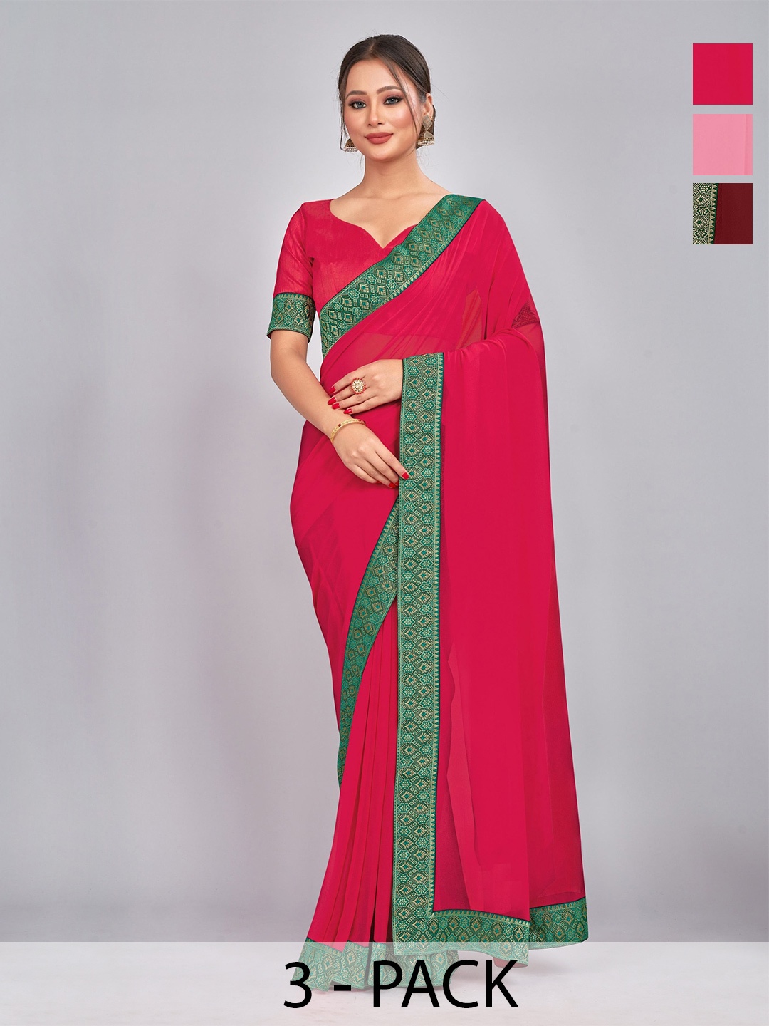 

CastilloFab Selection Of 3 Pure Georgette Sarees, Maroon