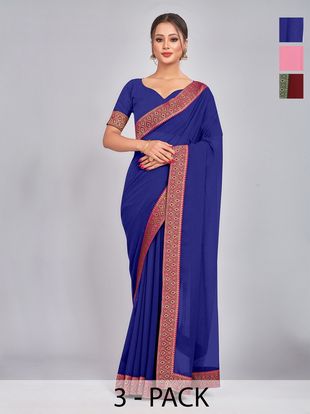 

CastilloFab Pack Of 3 Pure Georgette Sarees, Maroon