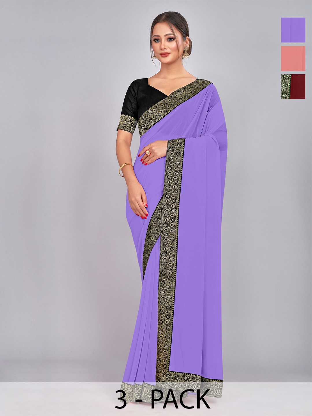

CastilloFab Selection Of 3 Zari Pure Georgette Sarees, Maroon