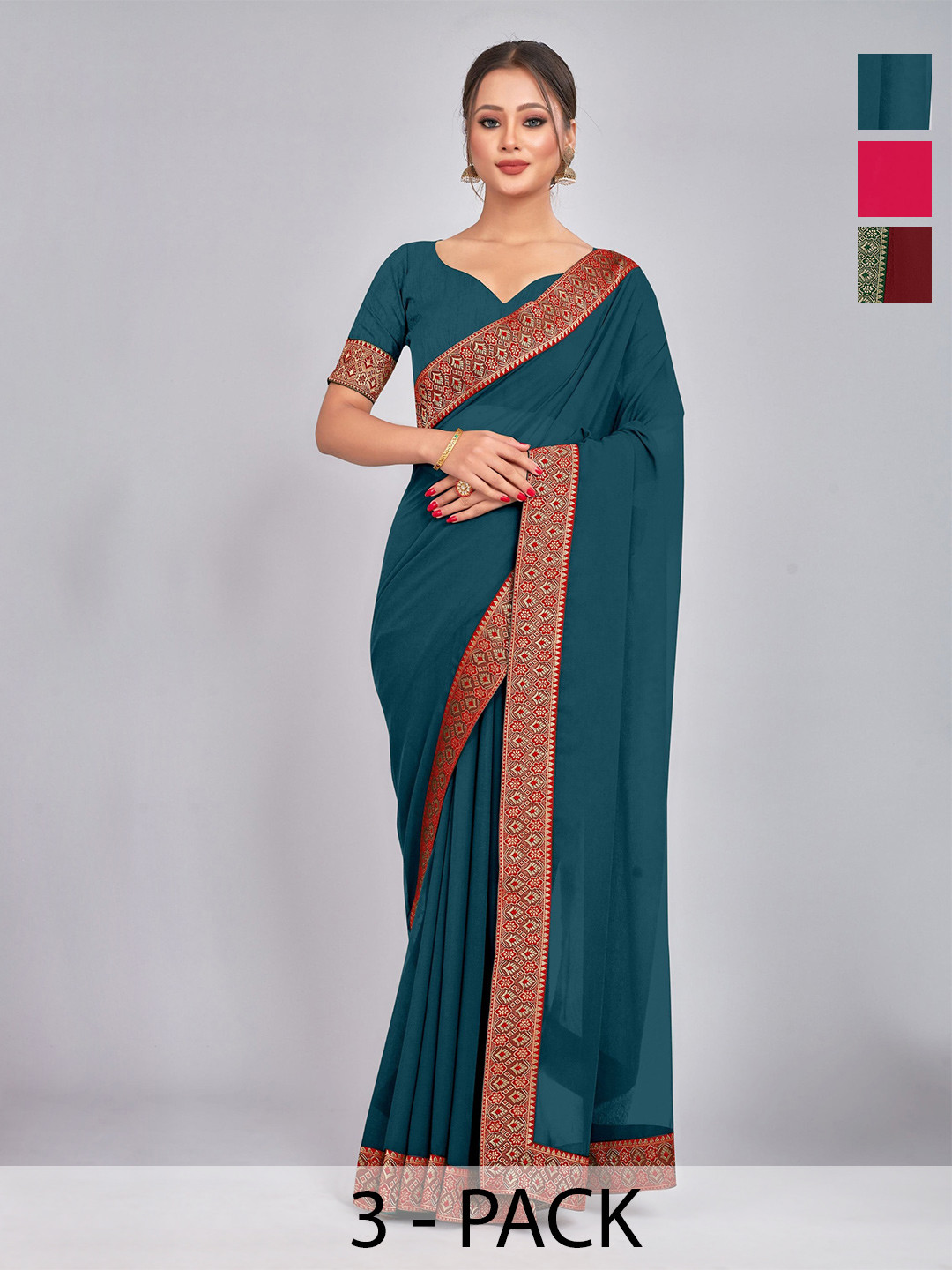 

CastilloFab Selection Of 3 Pure Georgette Sarees, Maroon
