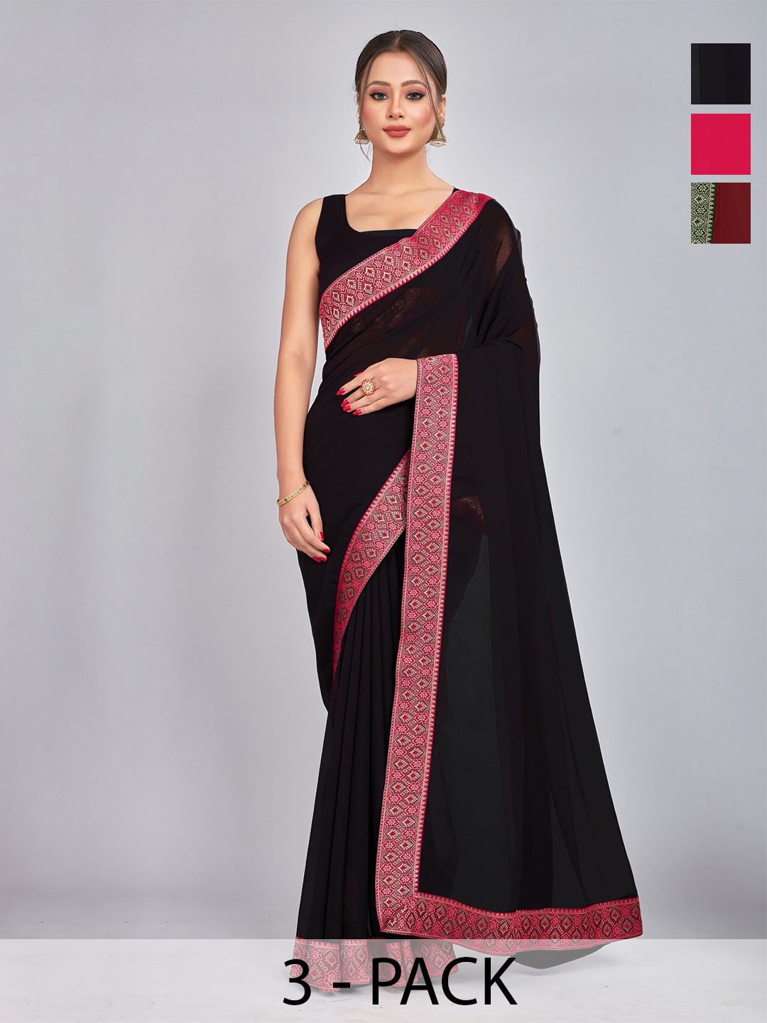 

CastilloFab Pack Of 3 Zari Pure Georgette Sarees, Maroon