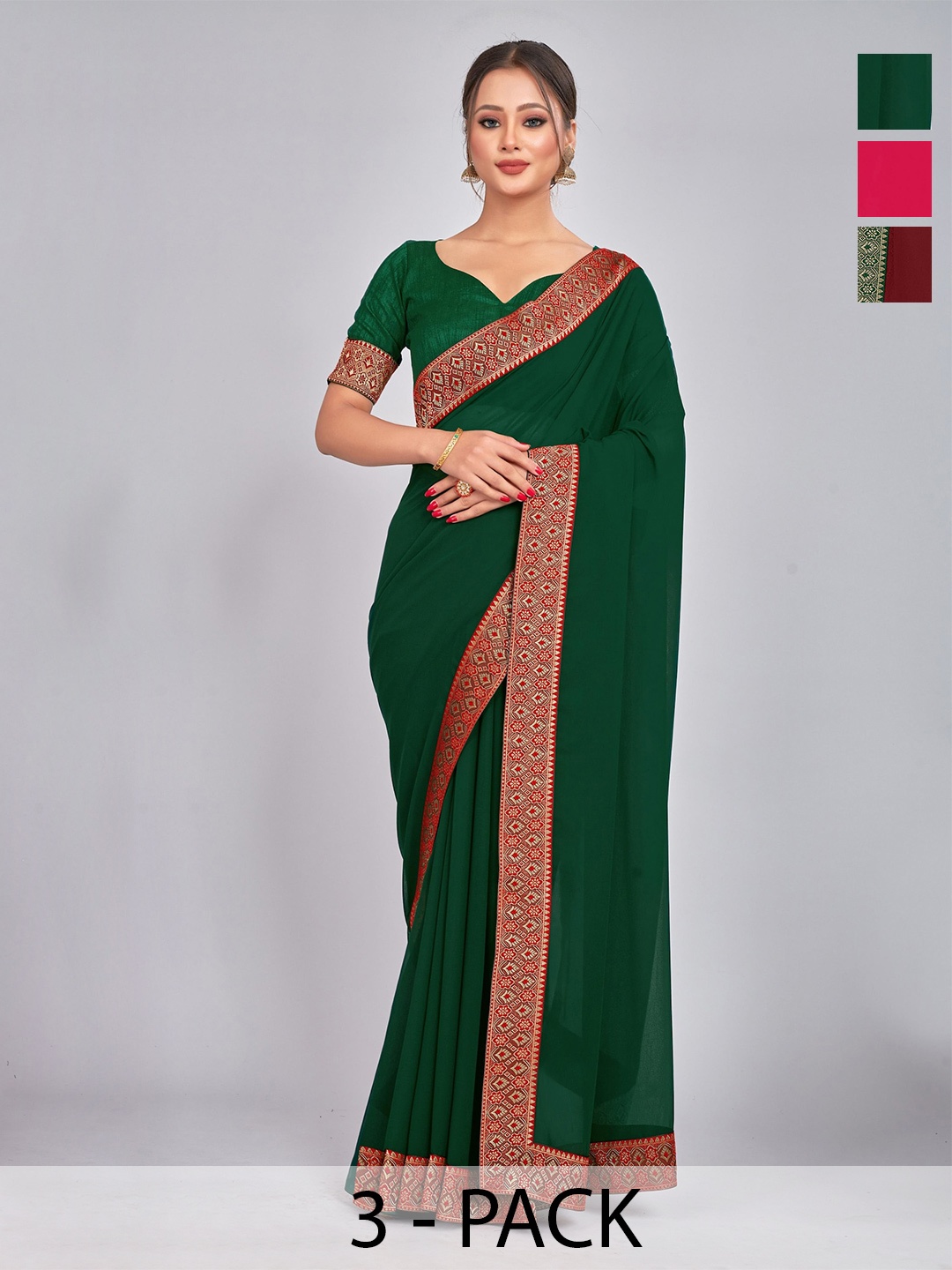 

CastilloFab Selection Of 3 Woven Design Pure Georgette Sarees, Maroon