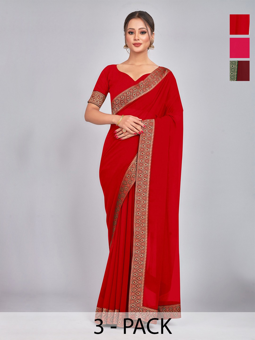 

CastilloFab Pack Of 3 Zari Pure Georgette Saree, Maroon