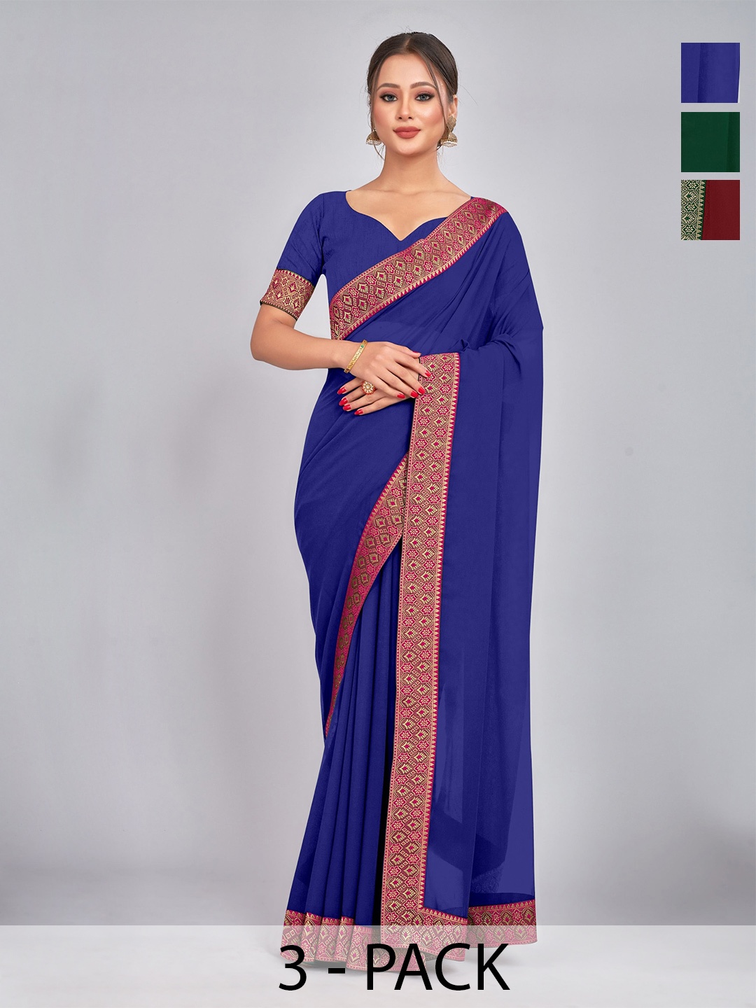 

CastilloFab Selection Of 3 Pure Georgette Saree, Maroon