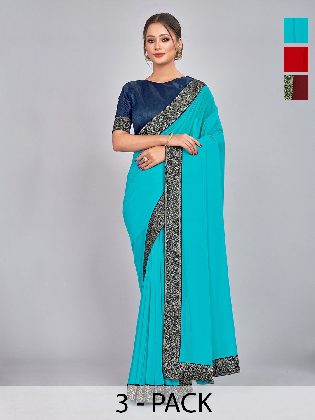 

CastilloFab Selection Of 3 Woven Design Pure Georgette Sarees, Maroon