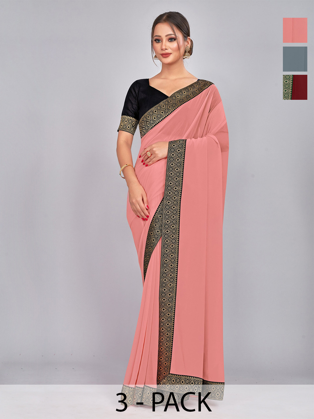 

CastilloFab Selection Of 3 Pure Georgette Sarees, Maroon