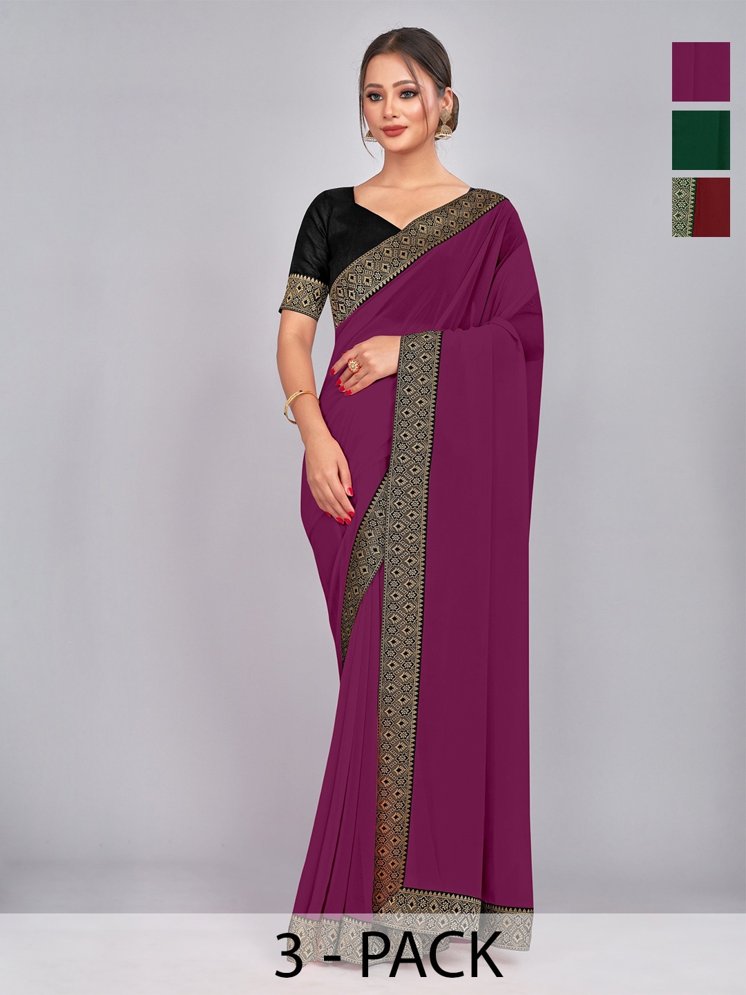 

CastilloFab Selection Of 3 Zari Pure Georgette Sarees, Maroon