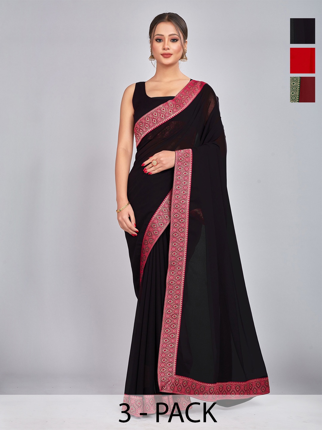 

CastilloFab Pack Of 3 Pure Georgette Saree, Maroon