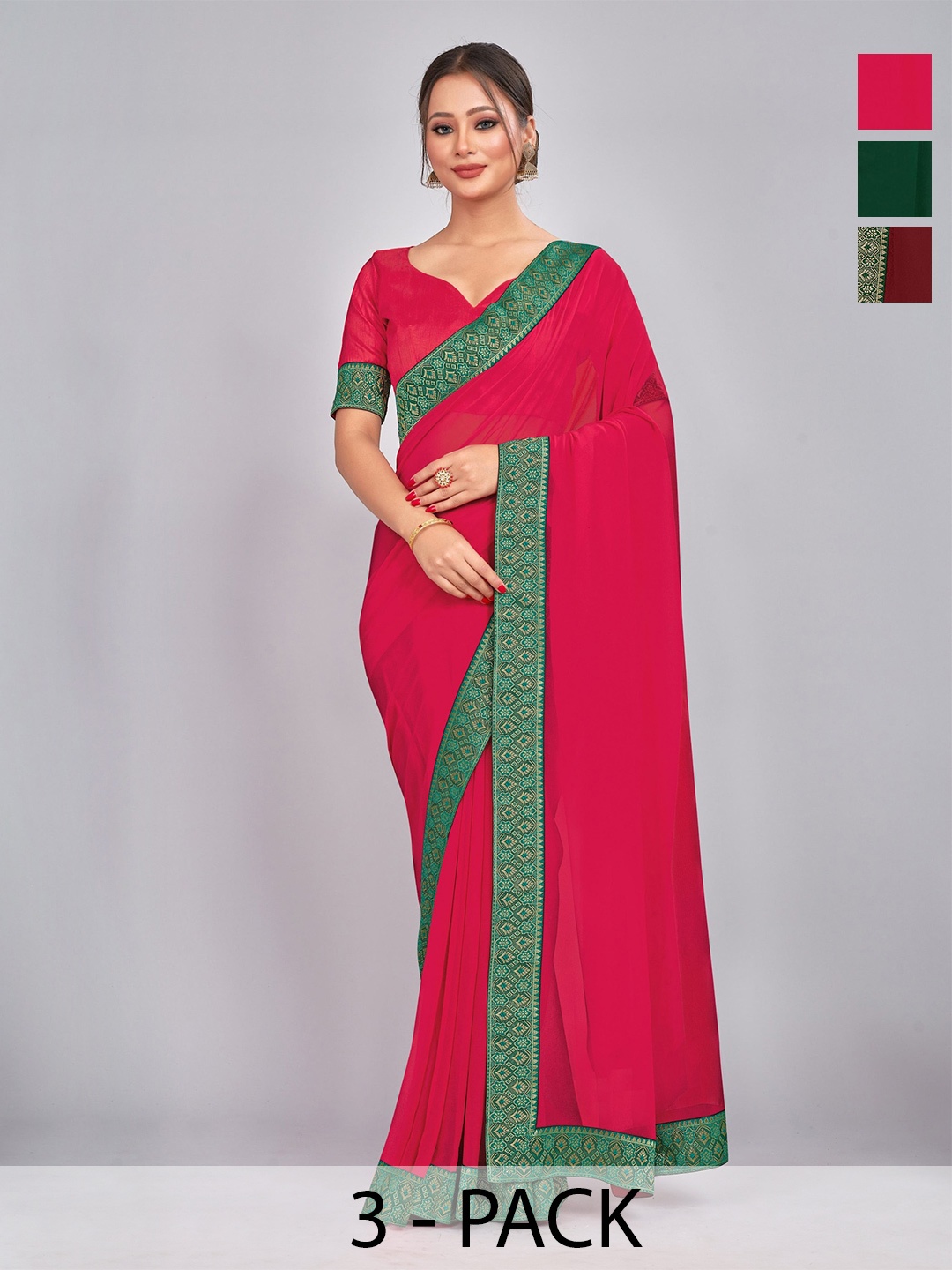 

CastilloFab Selection Of 3 Zari Pure Georgette Sarees, Maroon