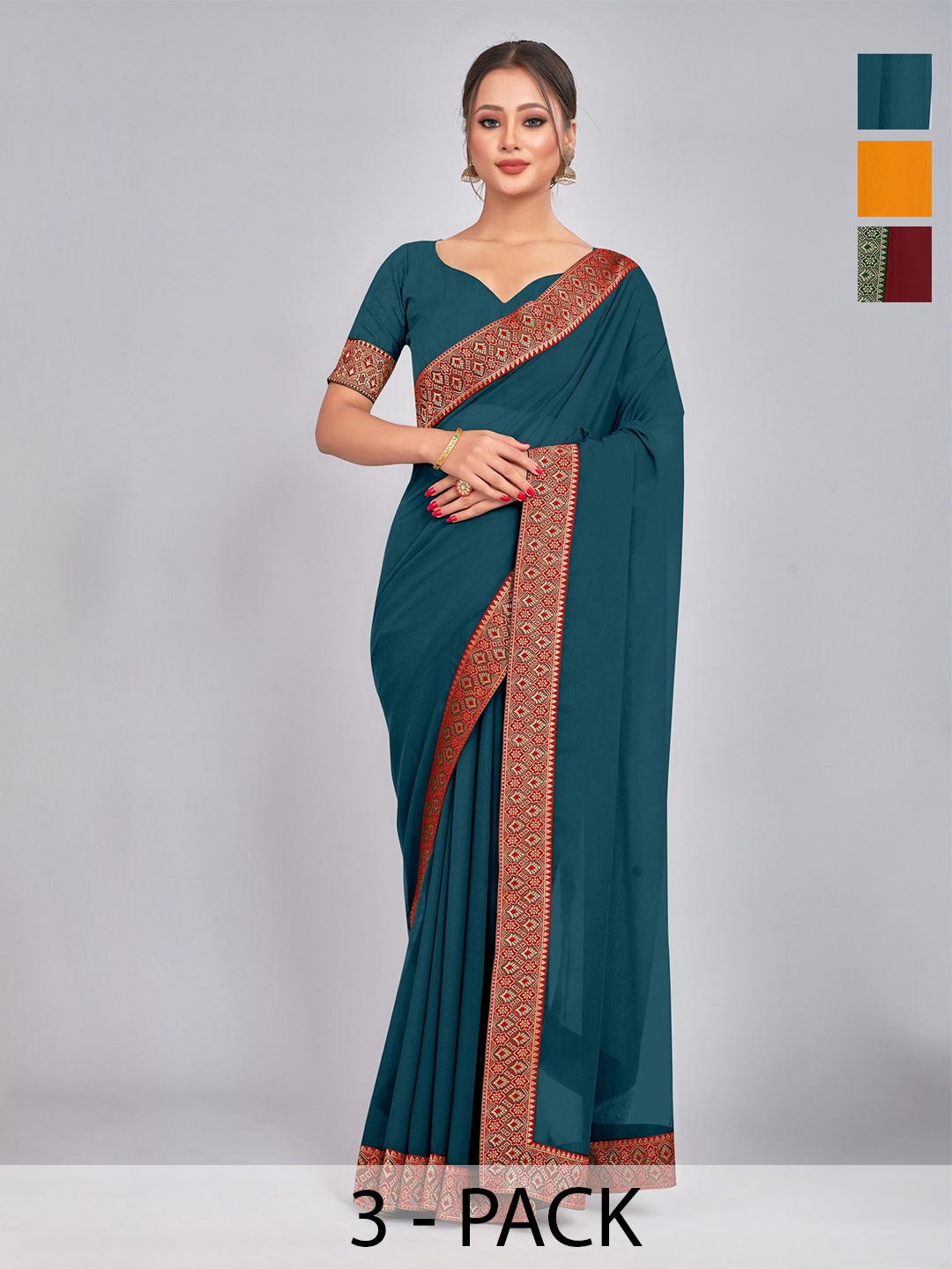 

CastilloFab Selection Of 3 Woven Design Pure Georgette Sarees, Maroon