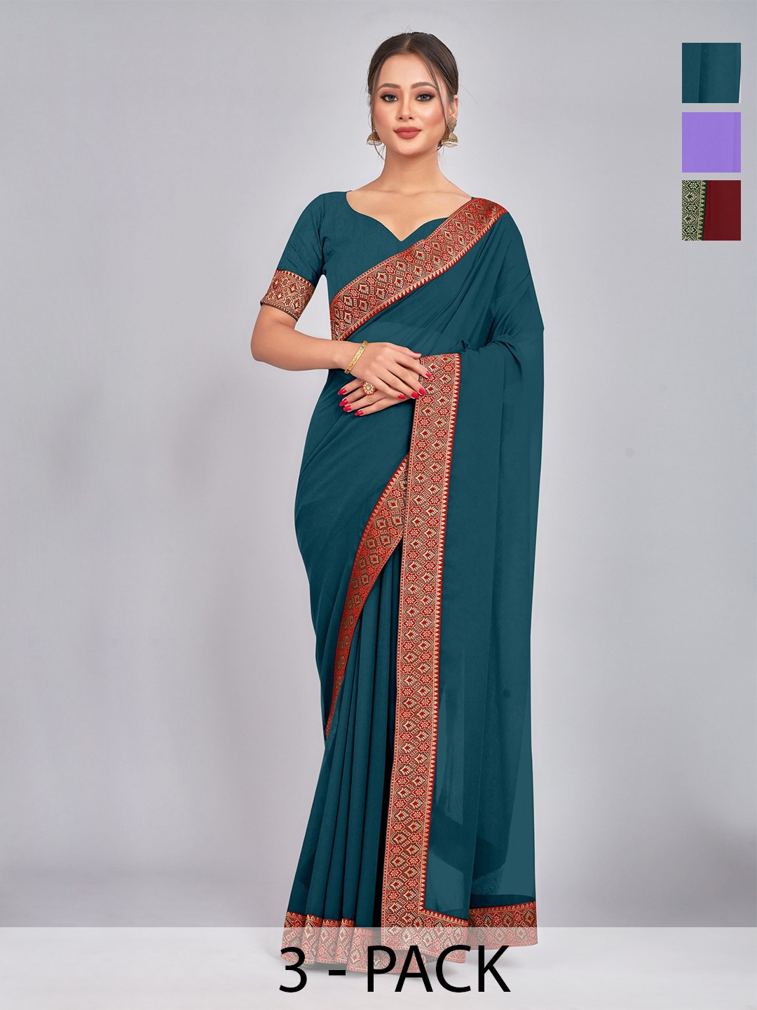 

CastilloFab Selection Of 3 Zari Pure Georgette Sarees, Maroon