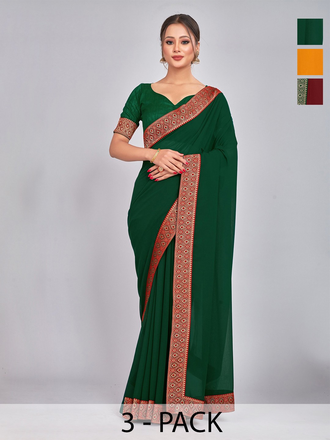 

CastilloFab Selection Of 3 Pure Georgette Sarees, Maroon