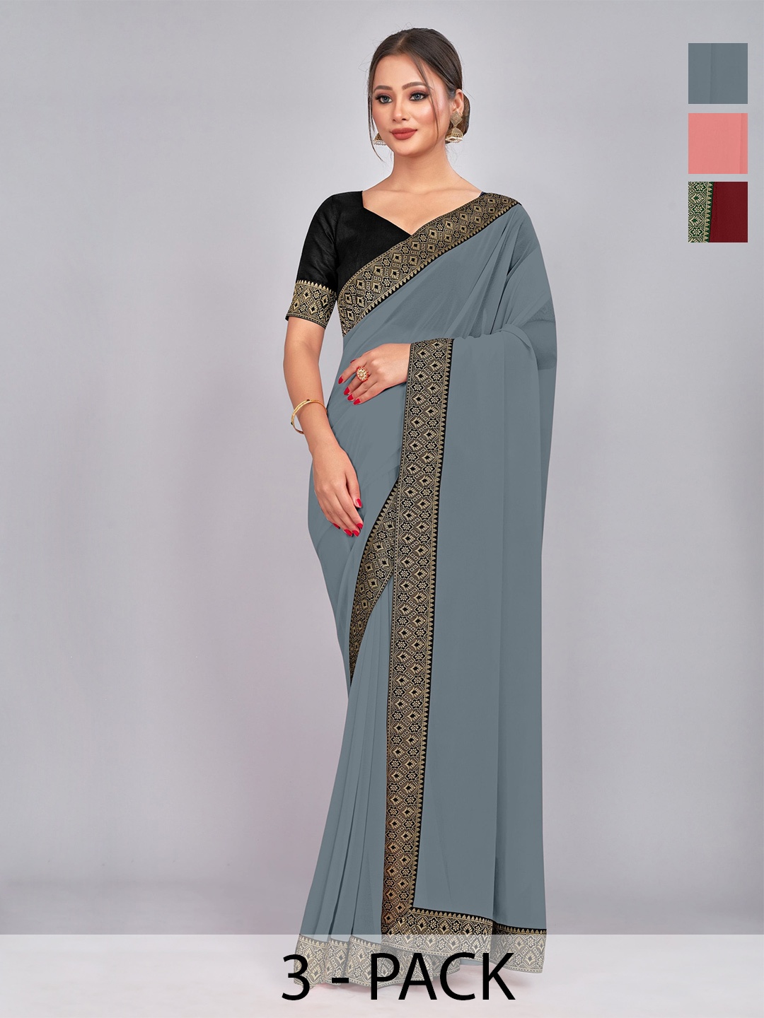 

CastilloFab Selection Of 3 Zari Pure Georgette Saree, Maroon