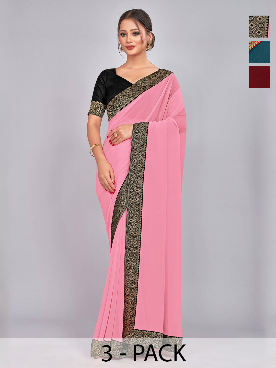

CastilloFab Selection Of 3 Zari Pure Georgette Saree, Maroon