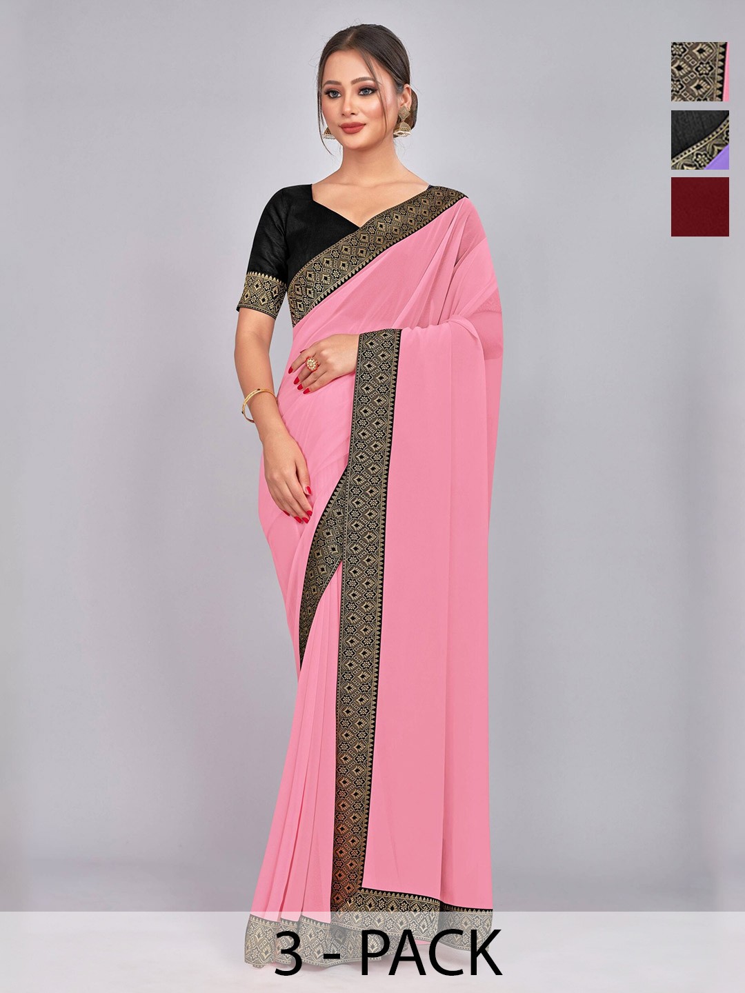 

CastilloFab Selection Of 3 Zari Pure Georgette Saree, Maroon