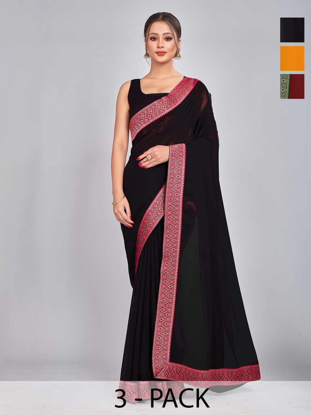 

CastilloFab Selection Of 3 Woven Design Pure Georgette Sarees, Maroon