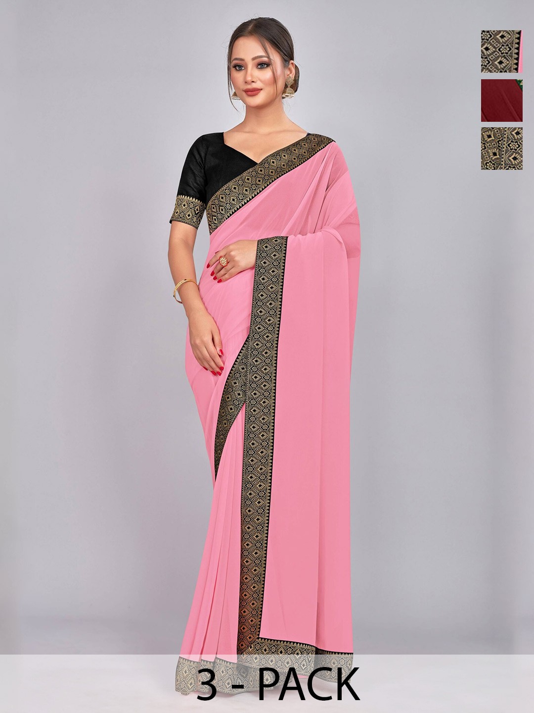 

CastilloFab Selection Of 3 Zari Pure Georgette Saree, Maroon