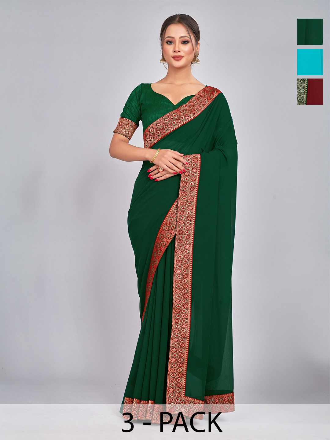 

CastilloFab Selection Of 3 Pure Georgette Saree, Maroon