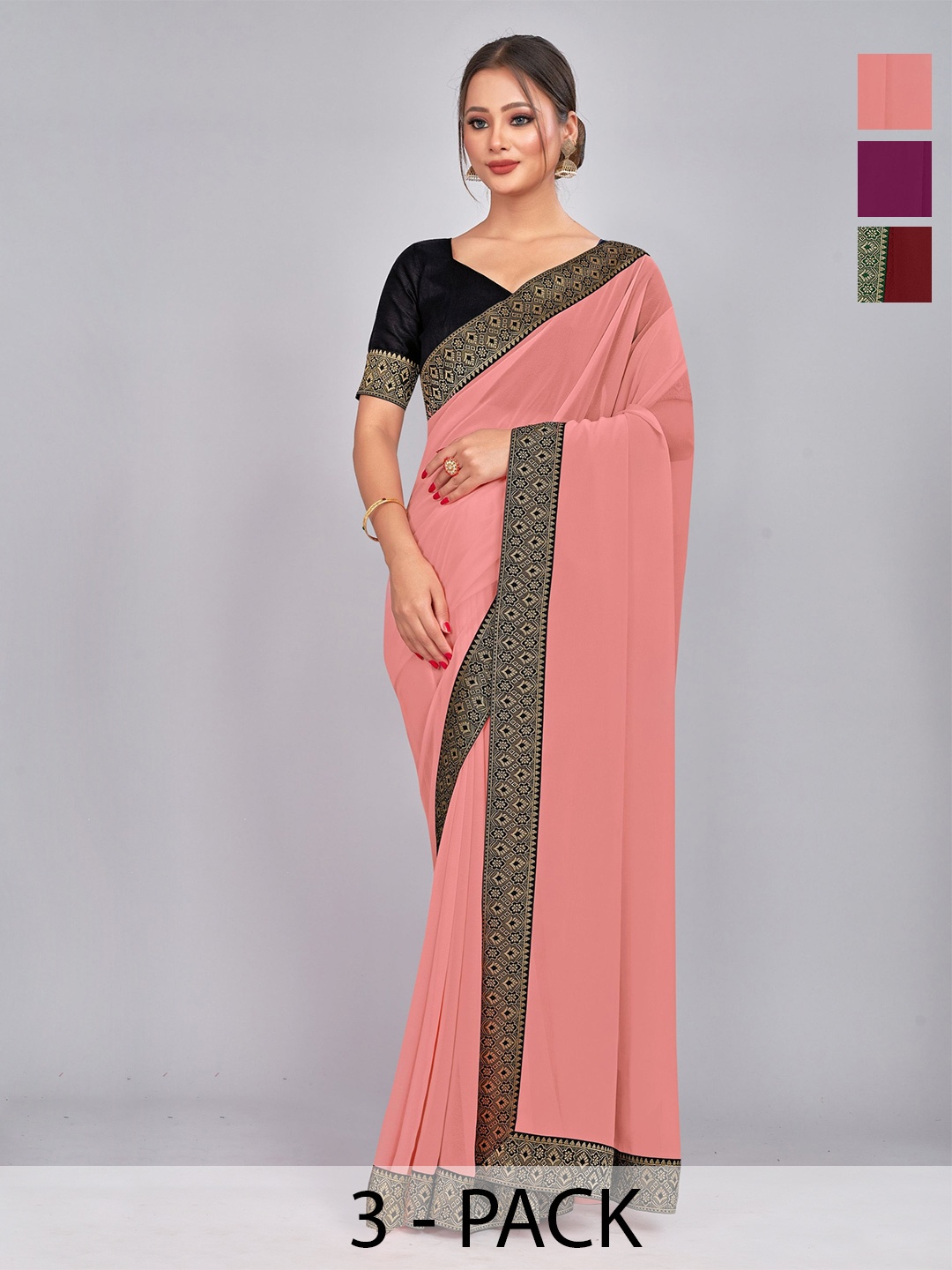 

CastilloFab Pack Of 3 Georgette Saree With Digital Print Blouse, Maroon
