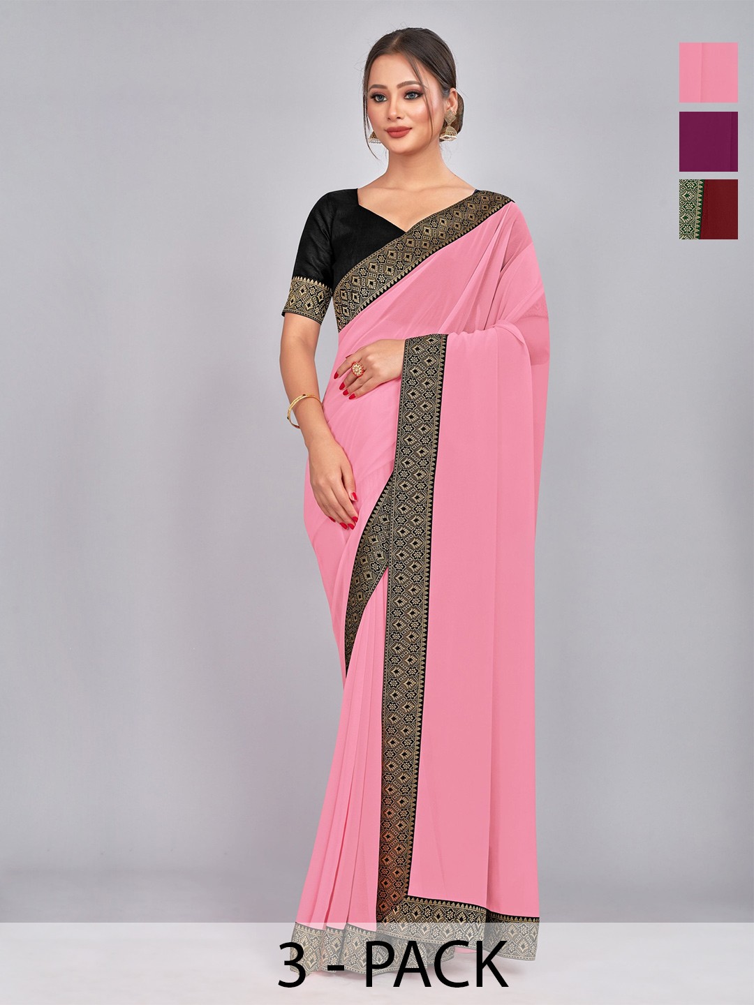 

CastilloFab Pack Of 3 Zari Pure Georgette Saree, Maroon