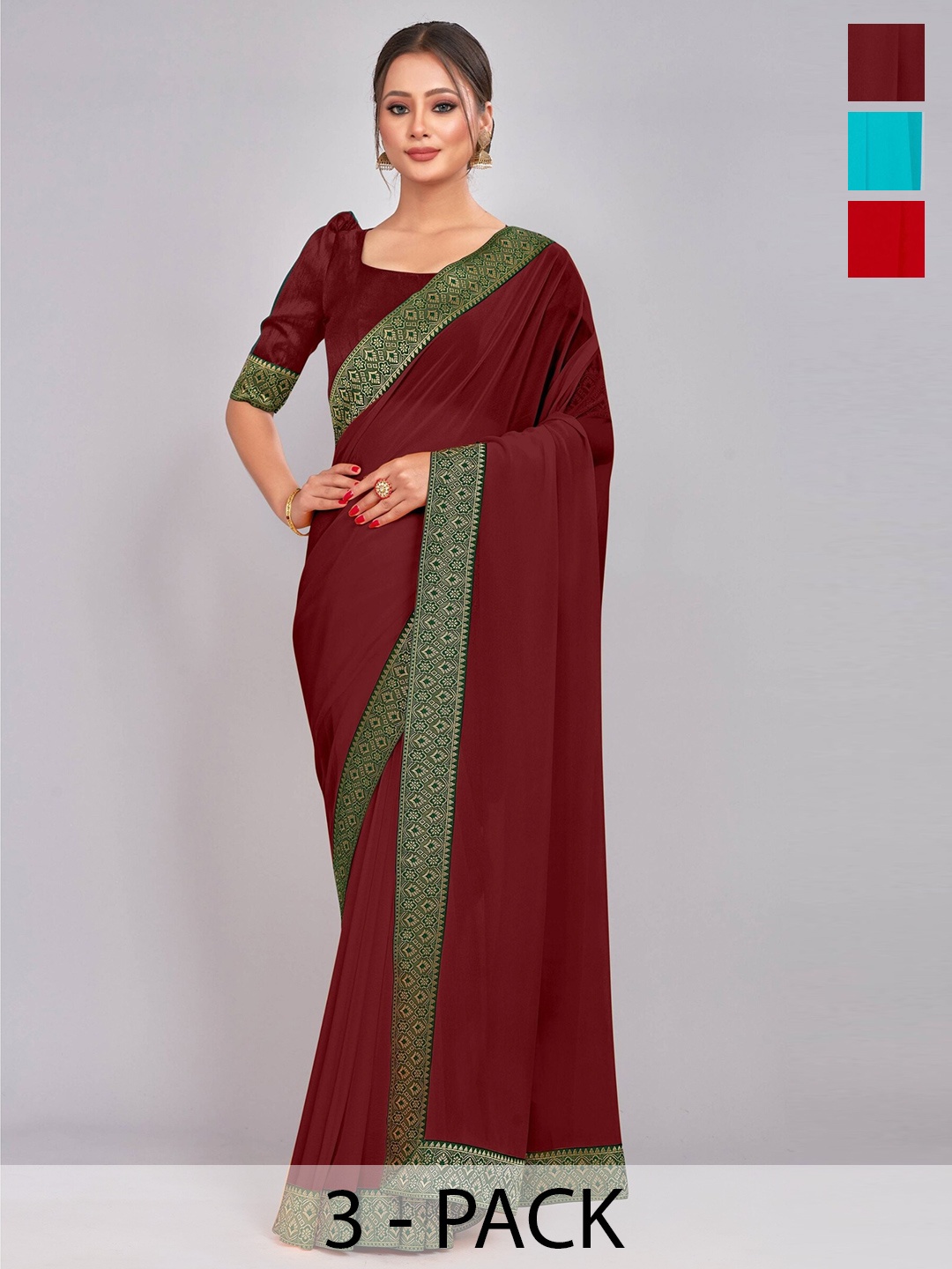 

CastilloFab Selection Of 3 Zari Pure Georgette Saree, Maroon