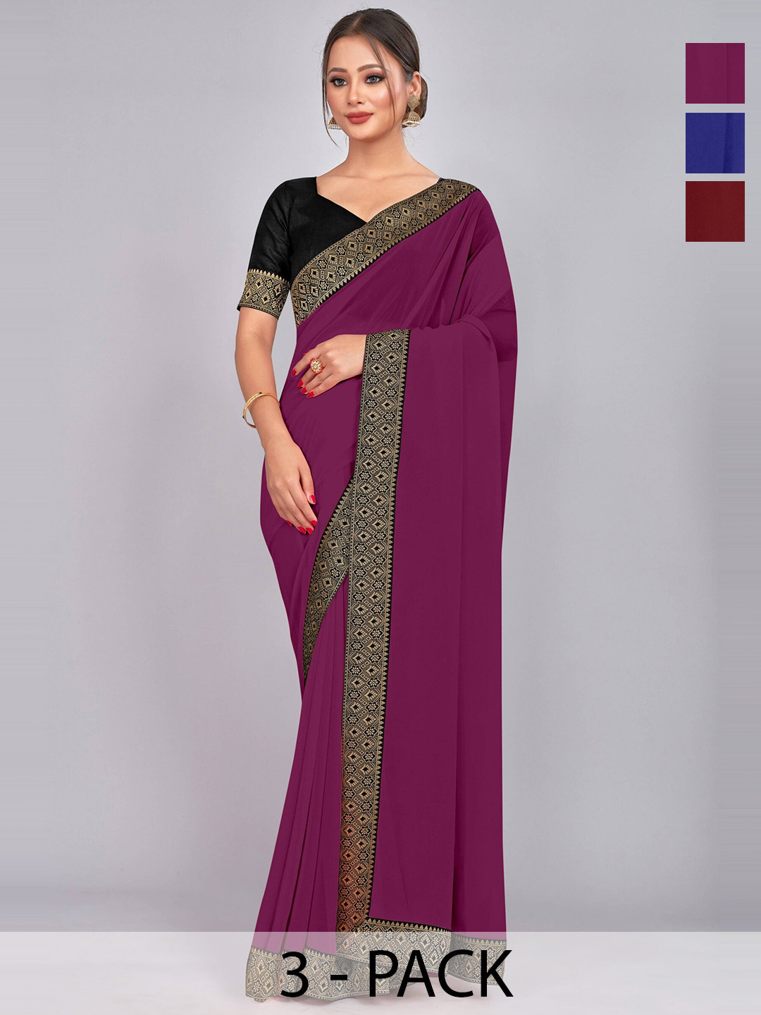 

CastilloFab Selection Of 3 Pure Georgette Saree, Maroon