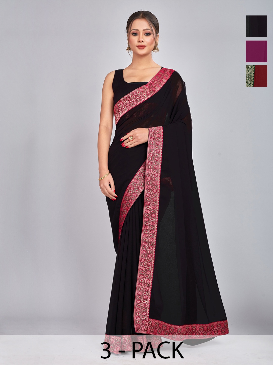 

CastilloFab Selection Of 3 Woven Design Pure Georgette Sarees, Maroon