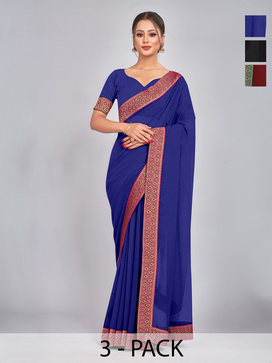 

CastilloFab Pack Of 3 Pure Georgette Saree, Maroon