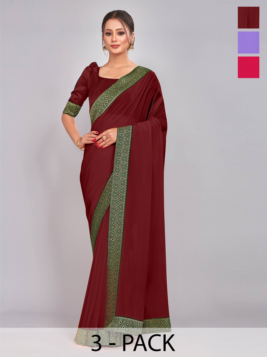 

CastilloFab Selection Of 3 Zari Pure Georgette Saree, Maroon