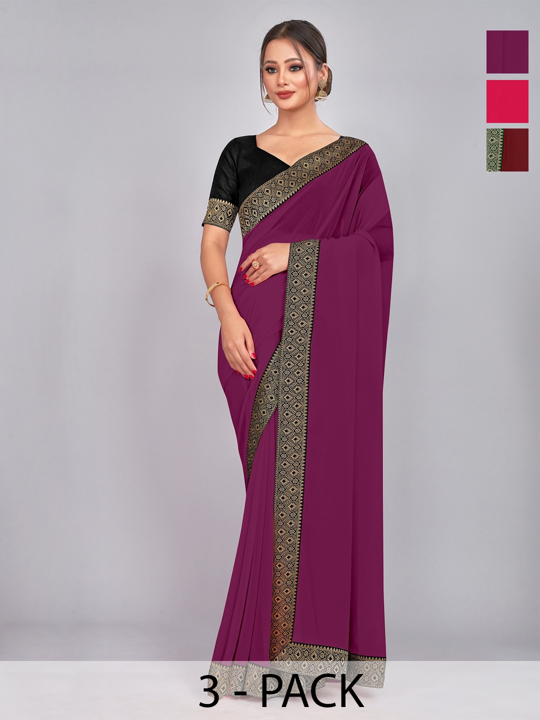 

CastilloFab Selection Of 3 Woven Design Pure Georgette Sarees, Maroon