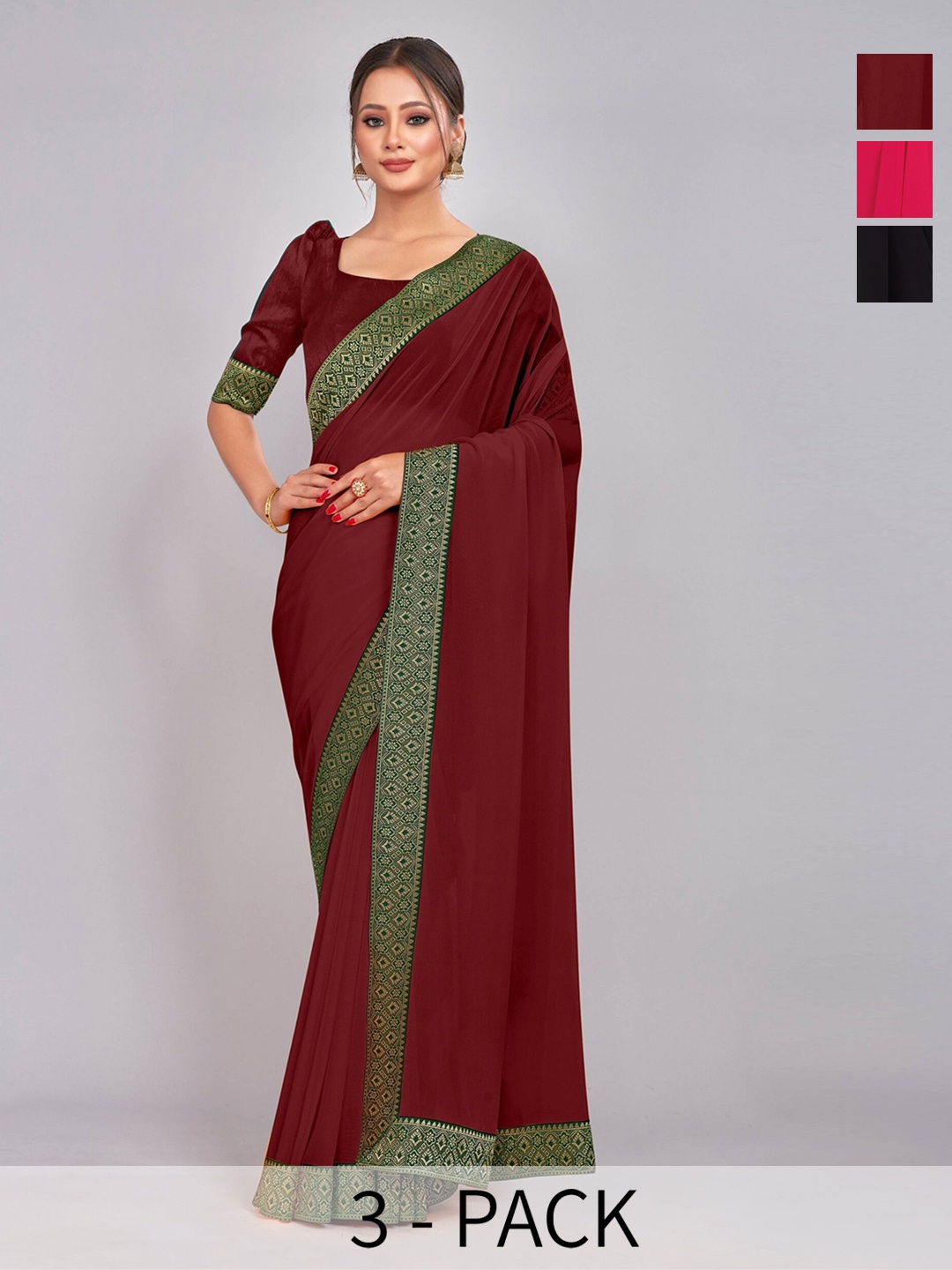 

CastilloFab Selection Of 3 Pure Georgette Saree, Maroon